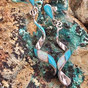 Inlaid Opal Turquoise Spiral Silver Dangle Earring
